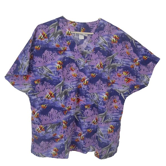 Made in Hawaii Medical Scrub Shirt L tropical fish whale purple cotton vintage - Picture 1 of 7